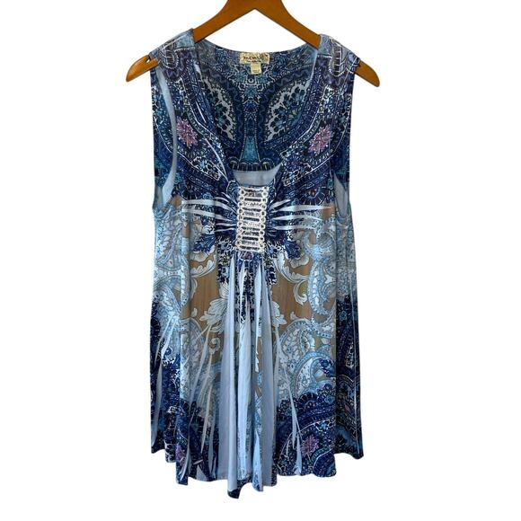 One World Live & Let Live Embroidered Printed Boho Blue Handkerchief Hem Tank M - Picture 1 of 13
